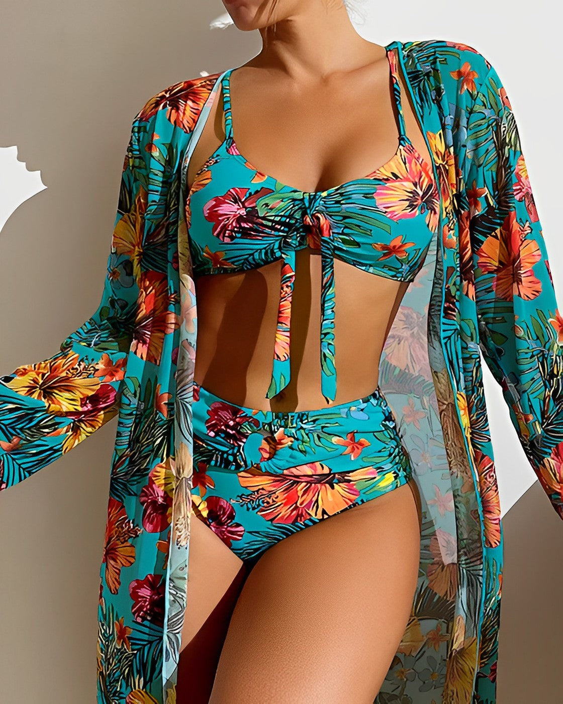 Tropical Floral Tie Front Bikini & Kimono Cover Up Set