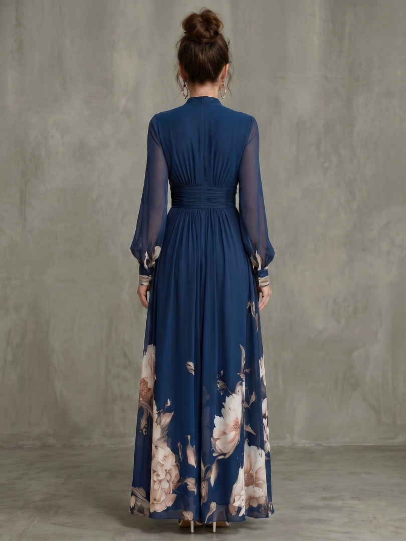 Floral Border Print V Neck Sheer Sleeve Flowy Maxi Dress - Formal Evening Gown