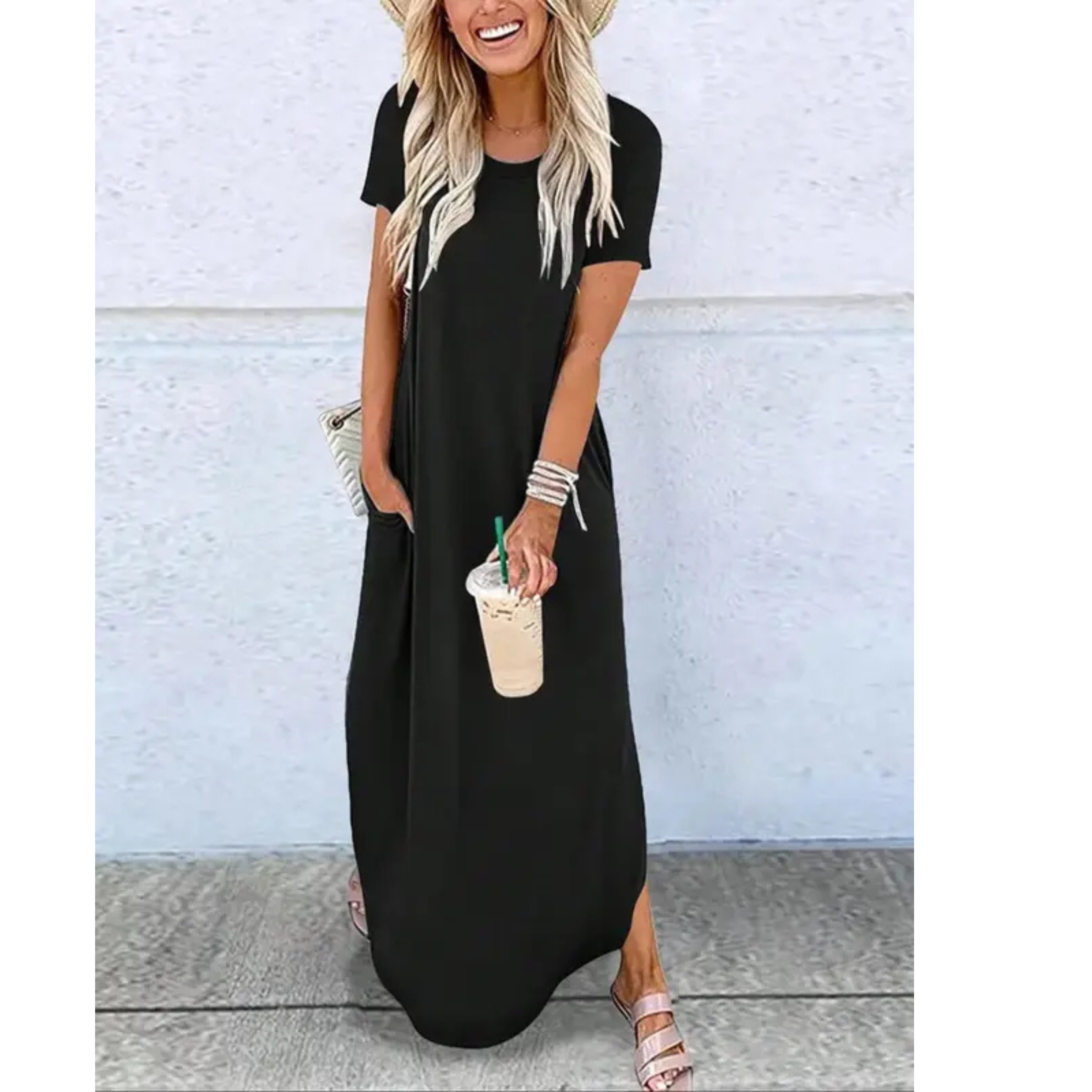Short Sleeve Scoop Neck Side Split Pocket Casual Maxi Dress