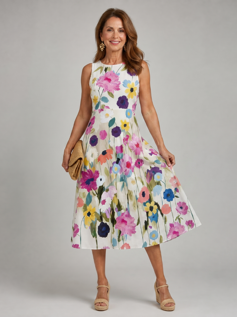 Floral Print Round Neck Sleeveless A Line Midi Dress