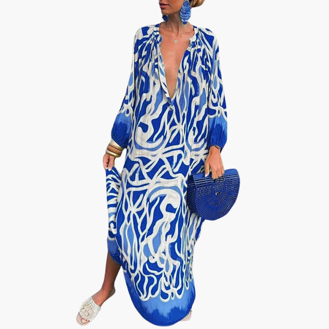 Abstract Print Deep V-Neck Oversized Beach Maxi Dress