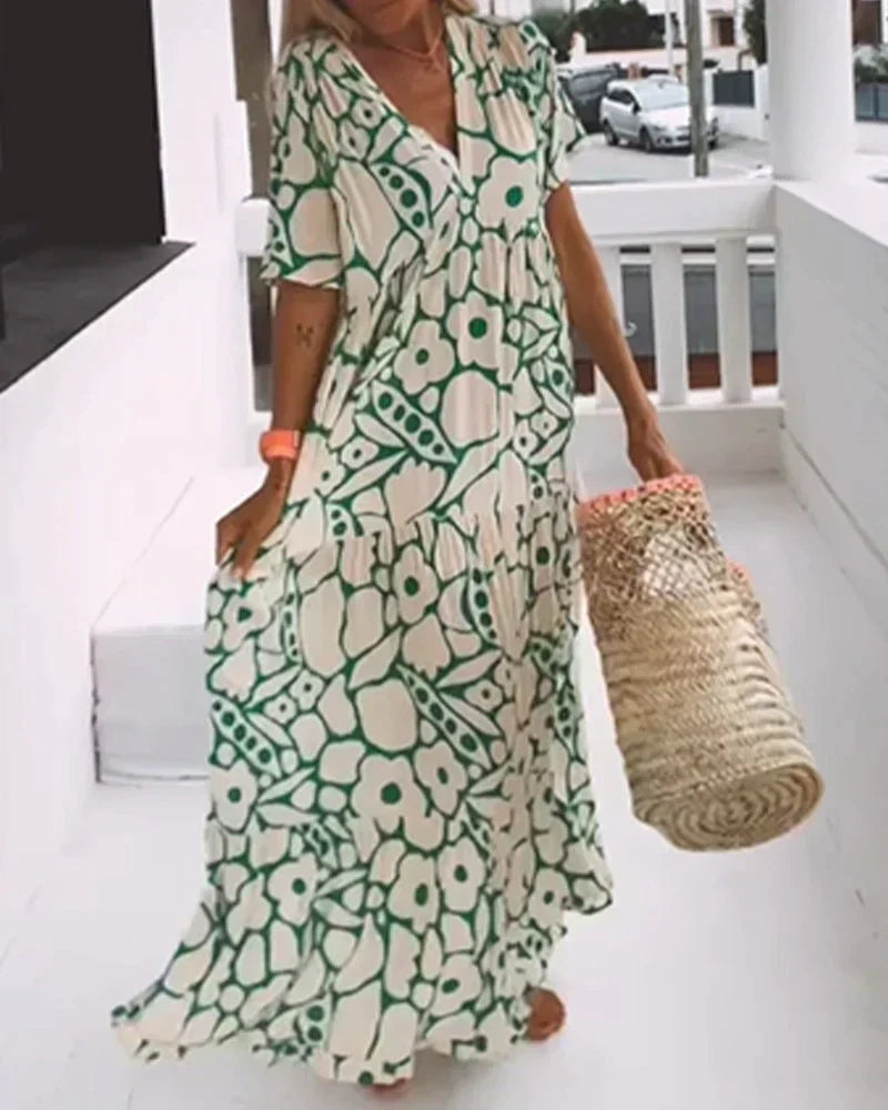 Floral Flutter Sleeve V Neck Tiered Flowy Maxi Dress