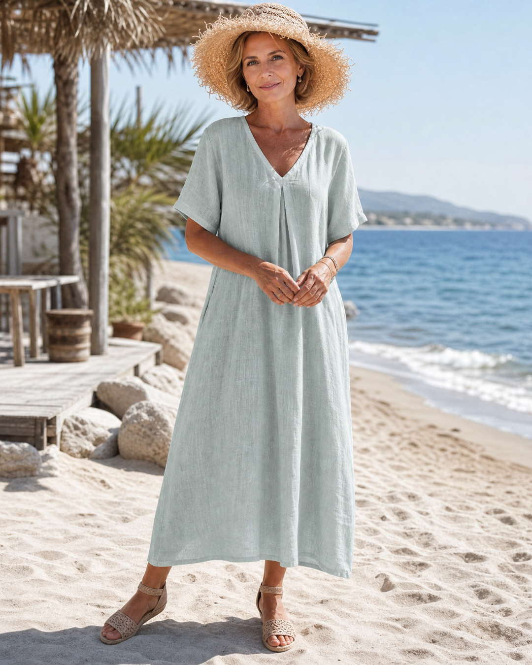 Pleated V Neck Short Sleeve Relaxed Linen Beach Maxi Dress