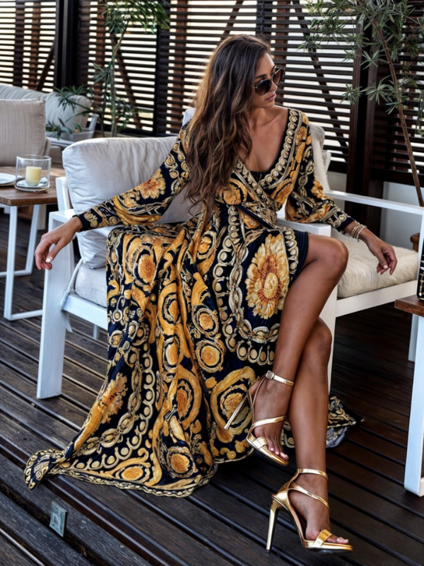 Paisley Print Deep V Neck Tie Waist Long Sleeve Maxi Dress