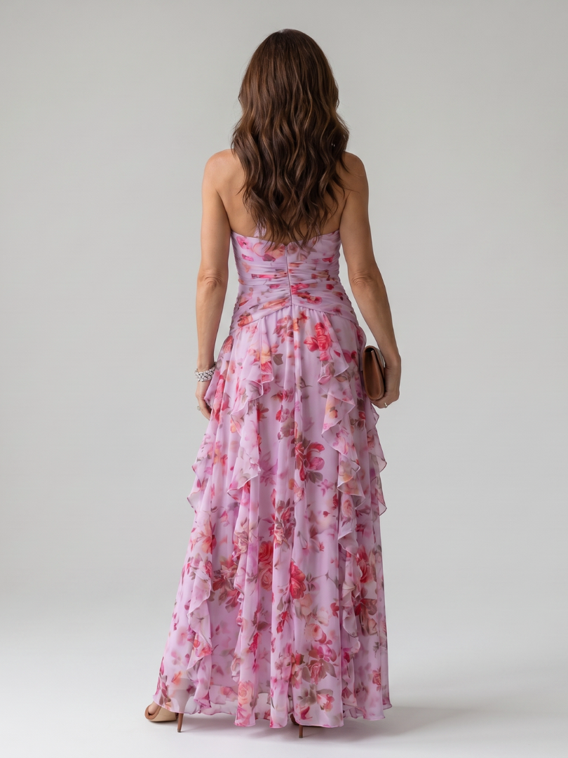 Floral Halter Neck Ruched Bodice Ruffle Flowy Maxi Dress - Wedding Guest