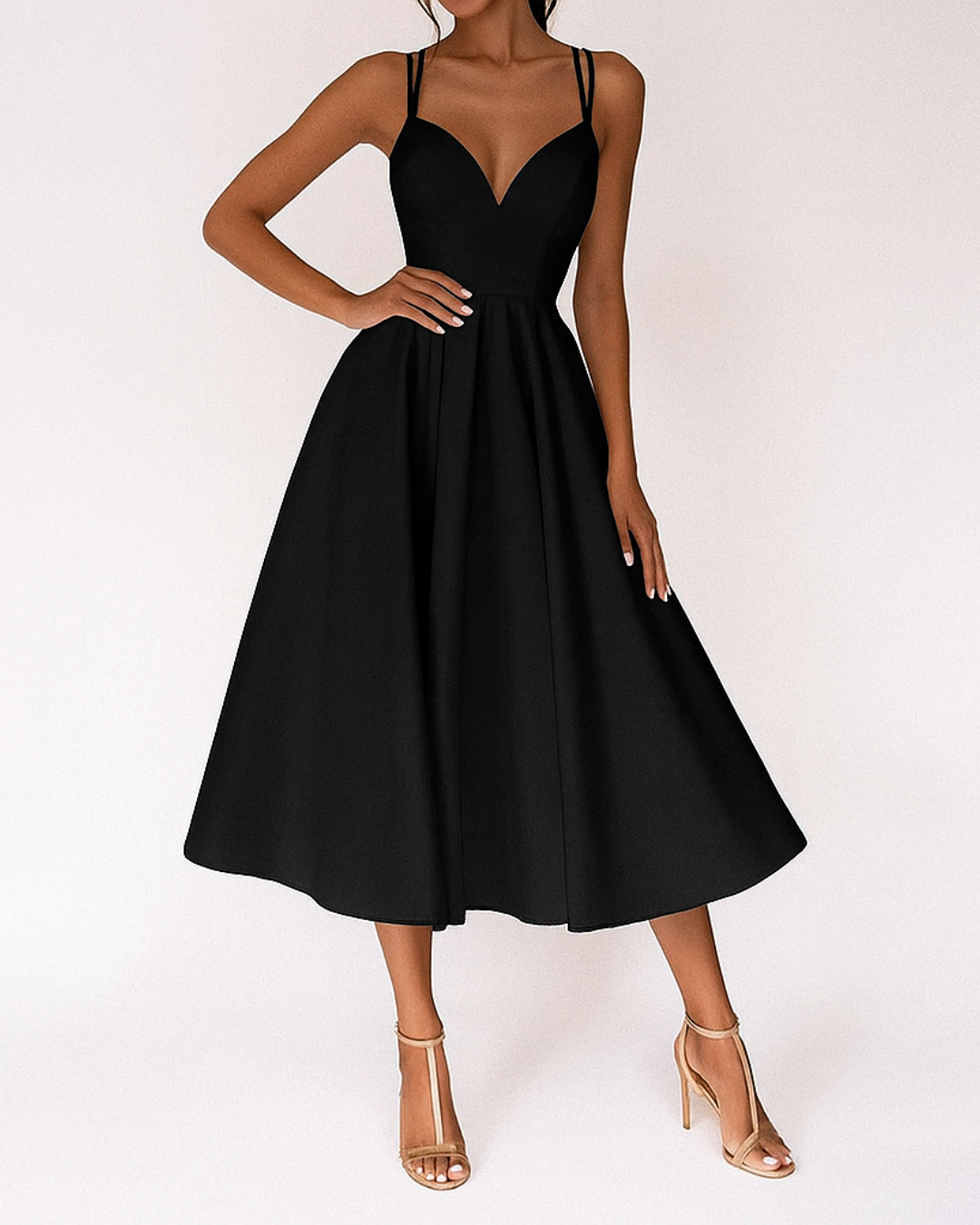 Double Spaghetti Strap Deep V Neck Full Skirt A Line Midi Dress - Formal Evening Gown