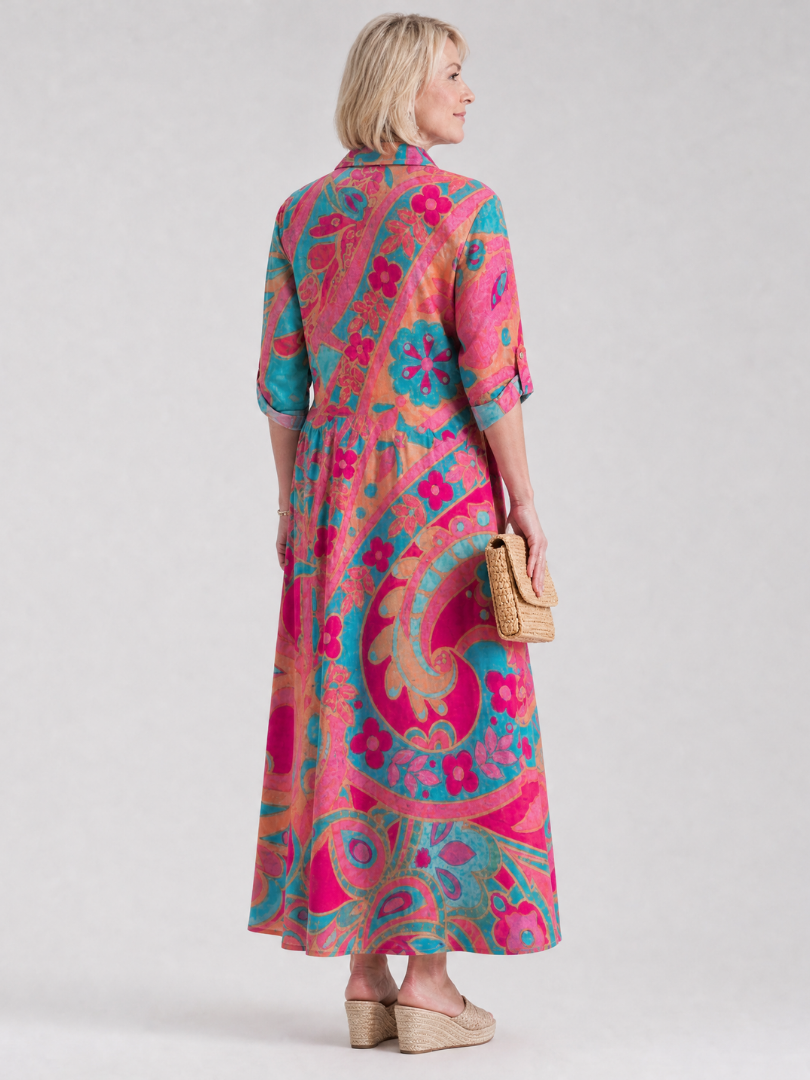 Paisley Print Button Front Collared 3/4 Sleeve Shirt Maxi Dress