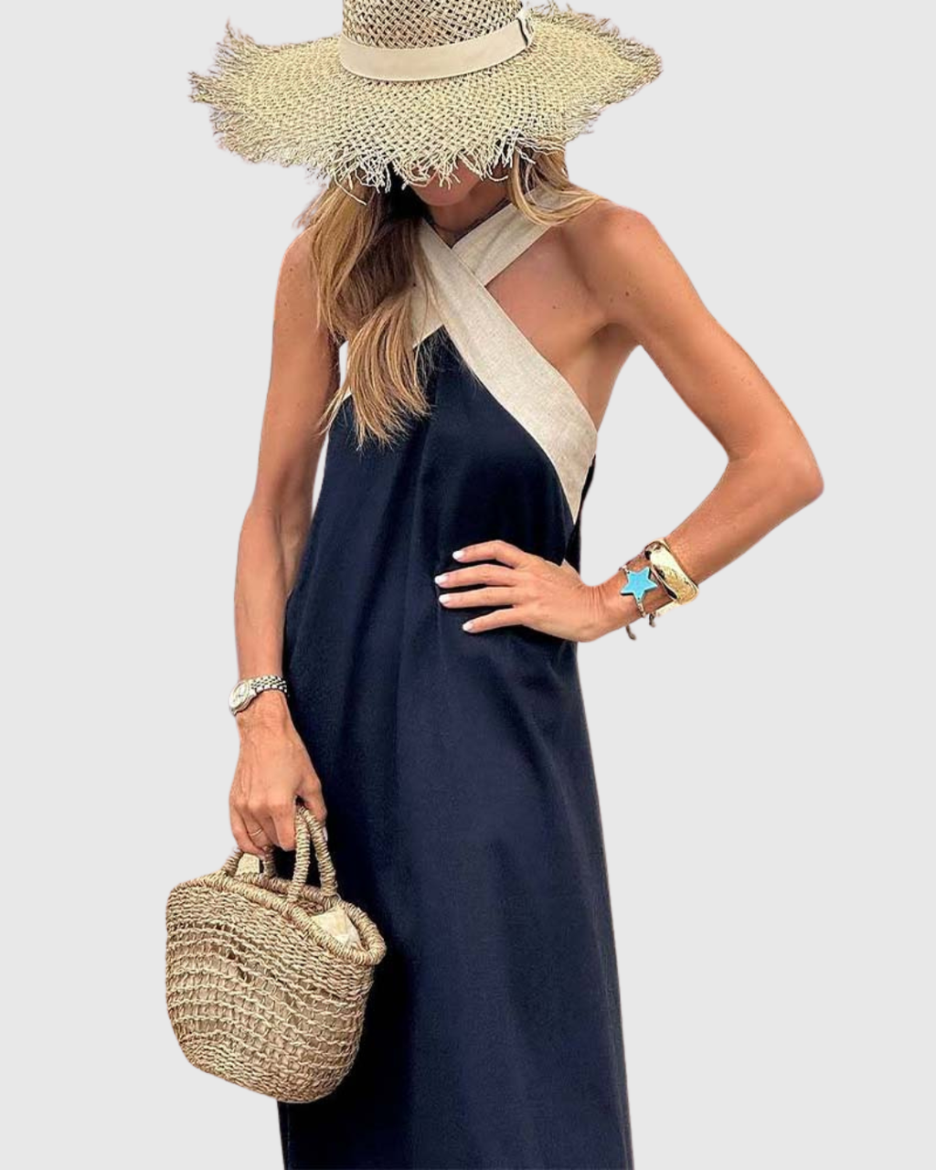 Colorblock Cross Halter Neck Sleeveless Flowy Maxi Dress