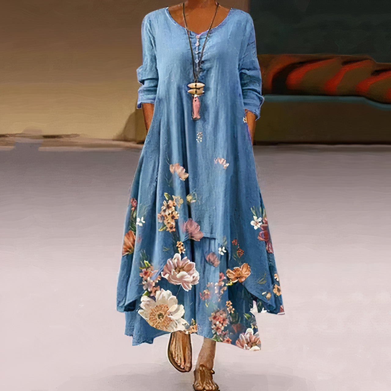Floral Border Print Long Sleeve Oversized Maxi Dress