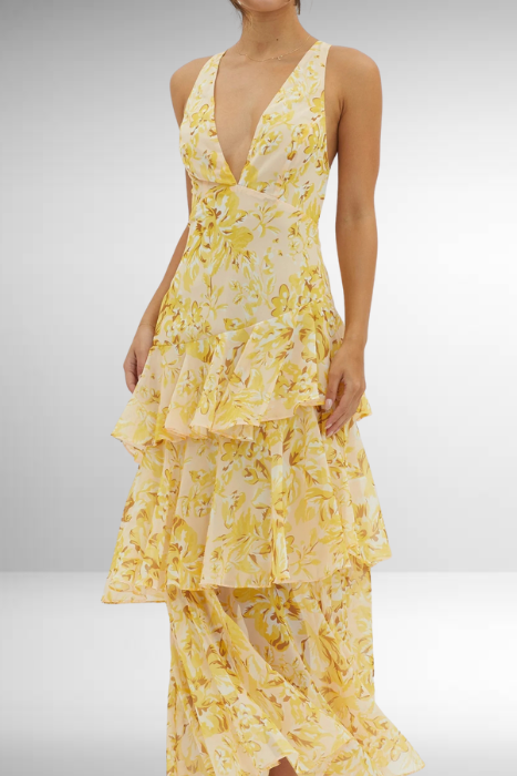 Abstract Print Deep V Neck Tiered Flowy Maxi Dress - Formal Wedding Guest