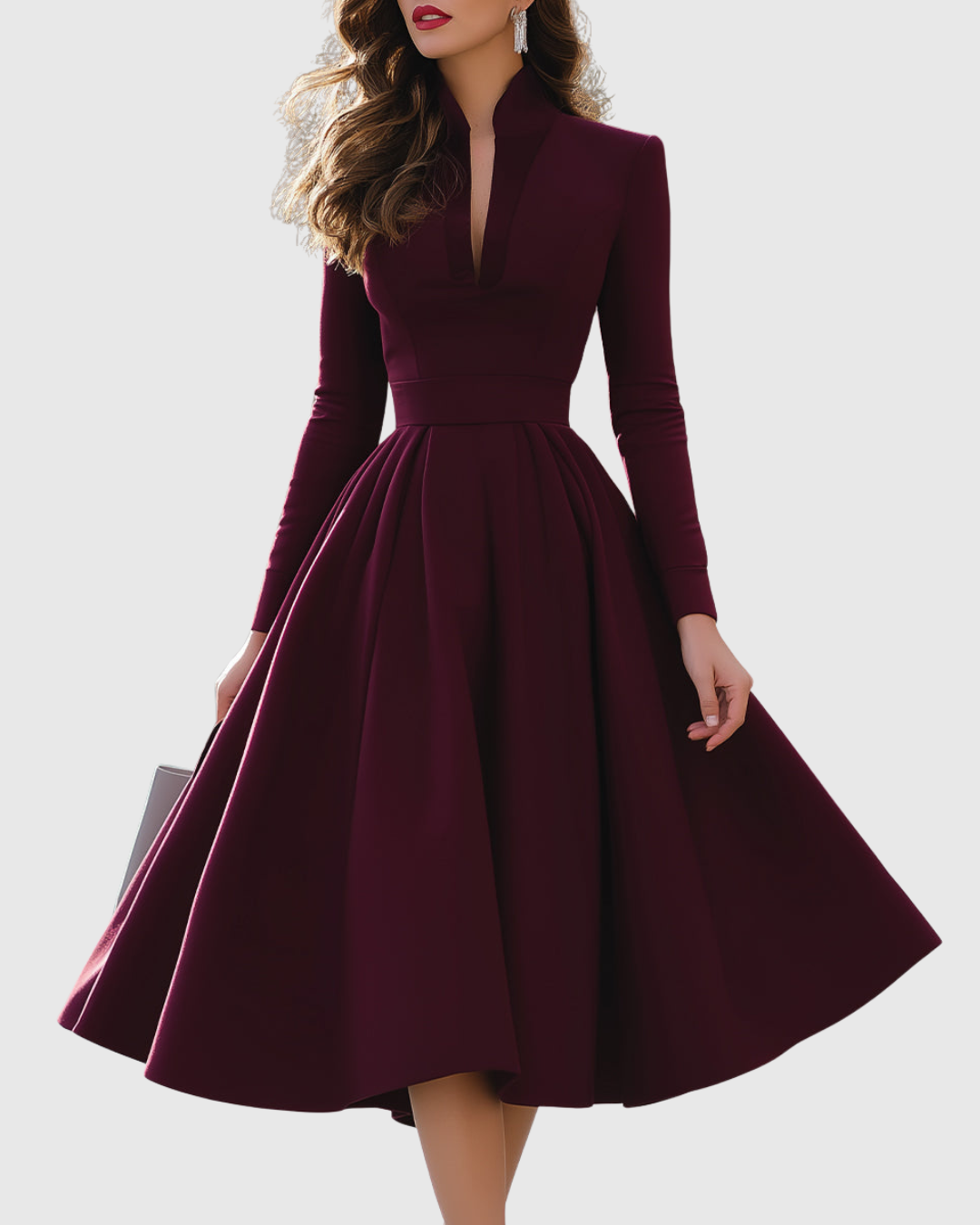 Deep V Neck Long Sleeve Full Skirt A Line Midi Dress - Formal Evening Gown