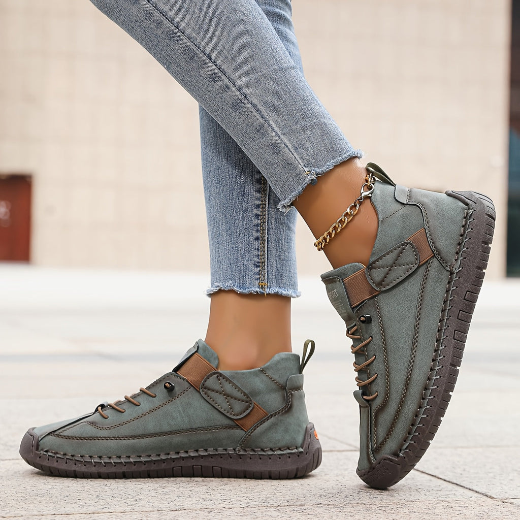 Suede Stitch Detail Lace Up Comfortable Flat Sneakers