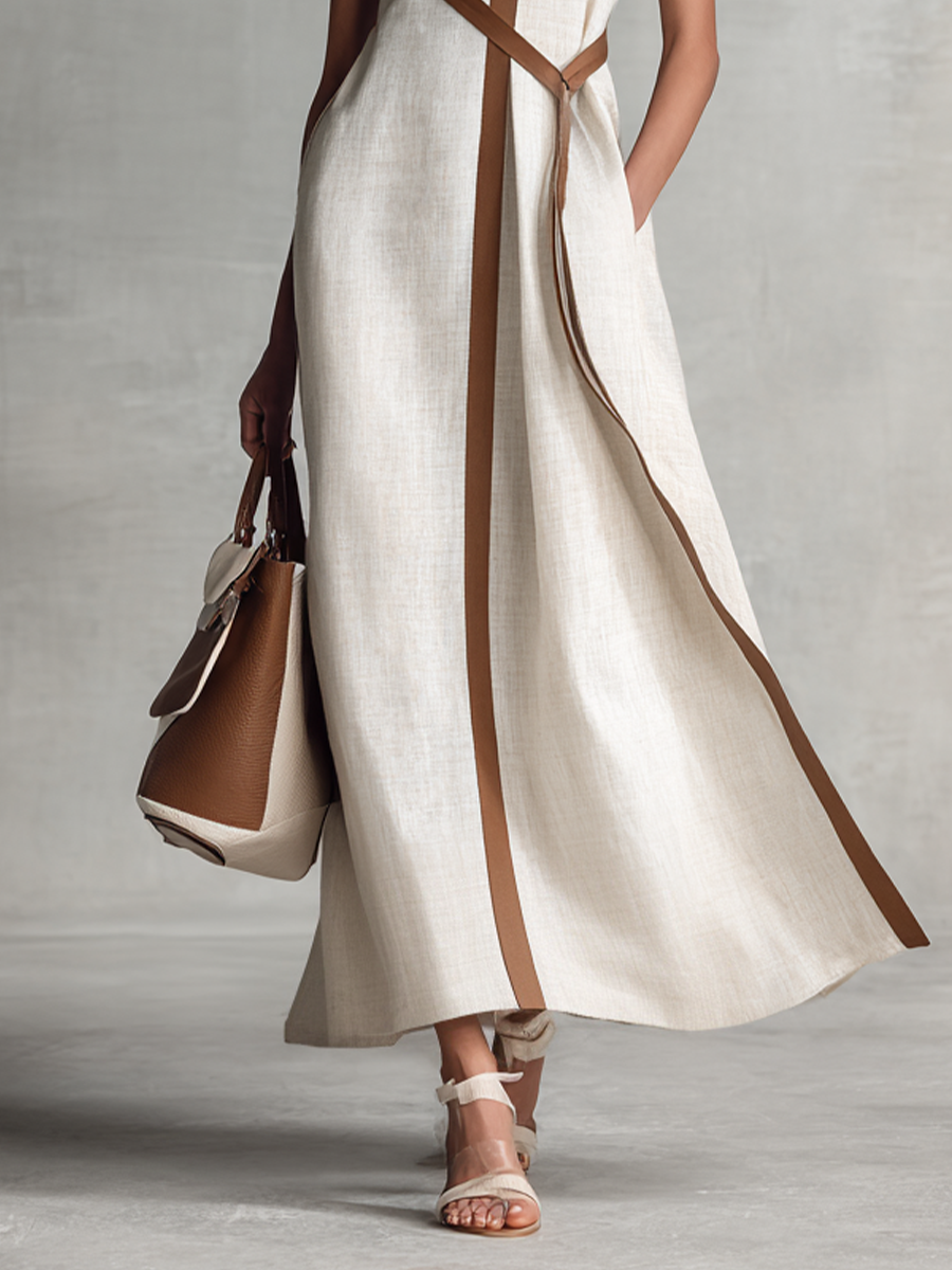 Contrast Trim V Neck Sleeveless A Line Linen Maxi Dress - Wedding Guest