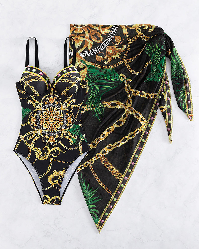 Baroque Chain Print Jewel Detail Swimsuit & Wrap Skirt Set