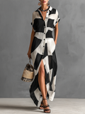Geometric Print Button Down Short Sleeve Linen Maxi Dress