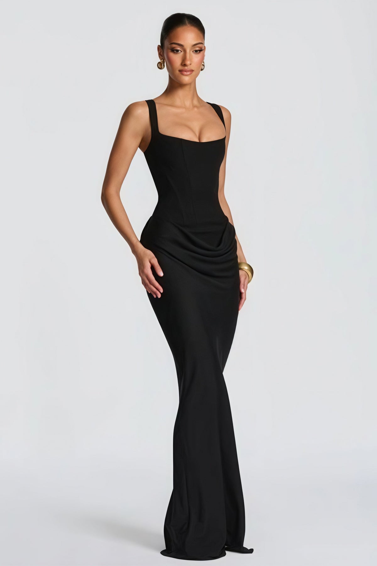 Woman wearing Waist-Cinching Boned Ruched Maxi Dress from Hicosy — view 5