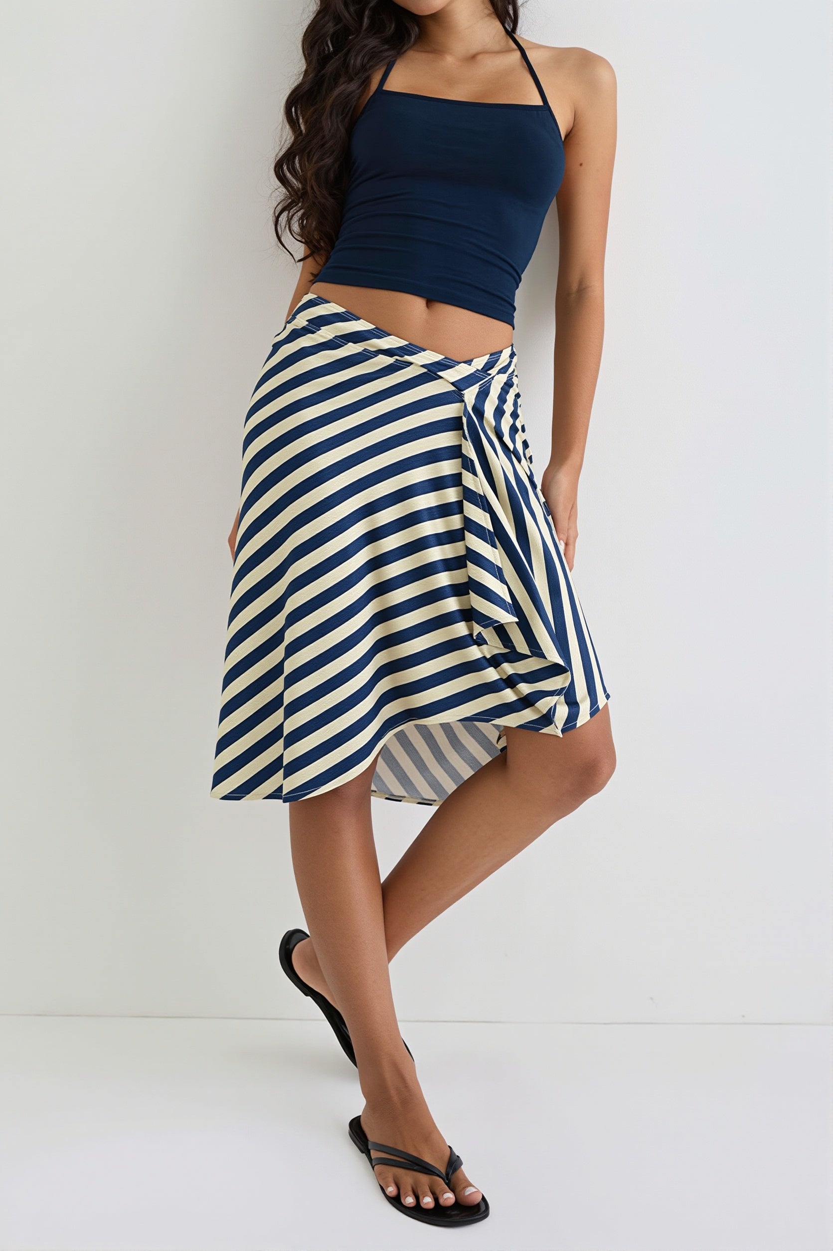 Elegant Striped Irregular Midi Skirt