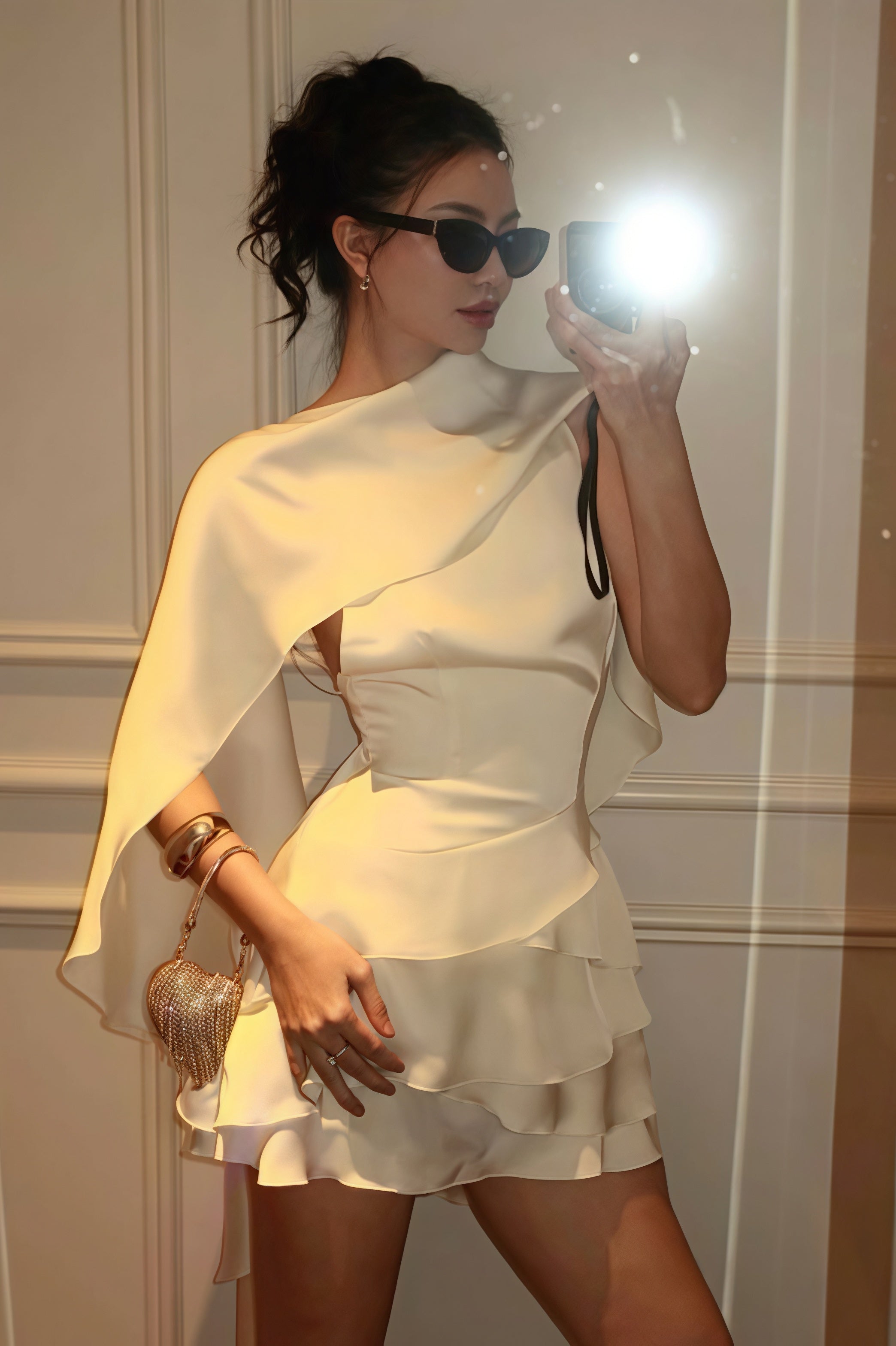 Satin Cape Ruffle Hem Mini Dress