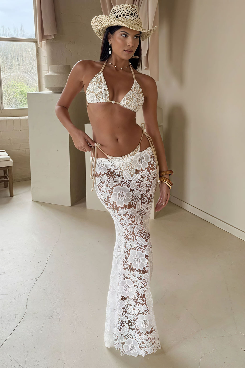 Lace Tie Side Bikini With Maxi Skirt Three Piece Swim Sets