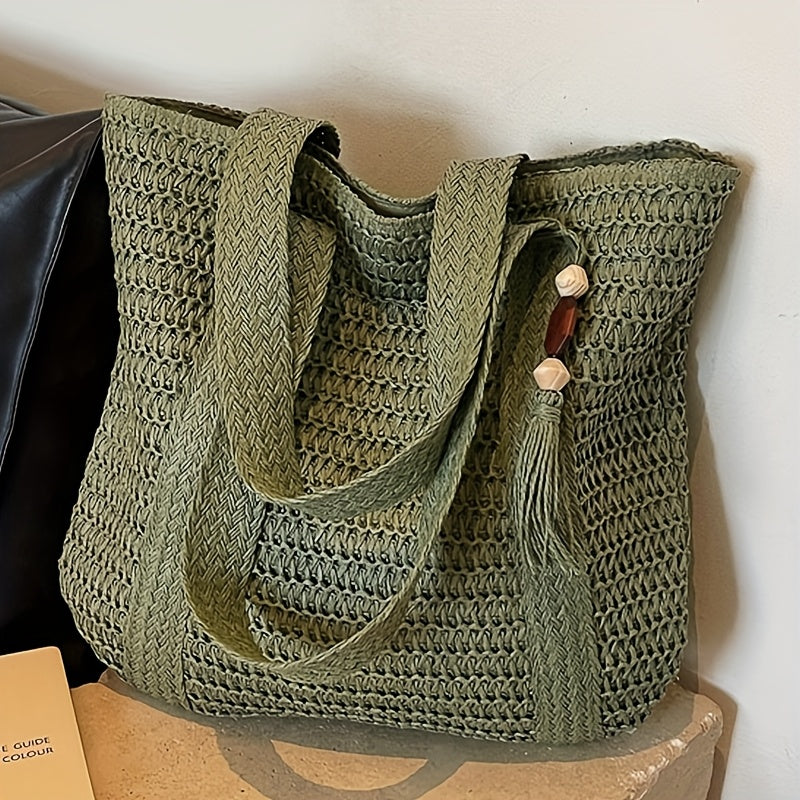 Woven Straw Tote Bag with Fringe Tassel Detail