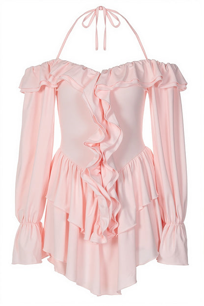 Chic Halter Neck Lace Up Ruffle Hem Romper