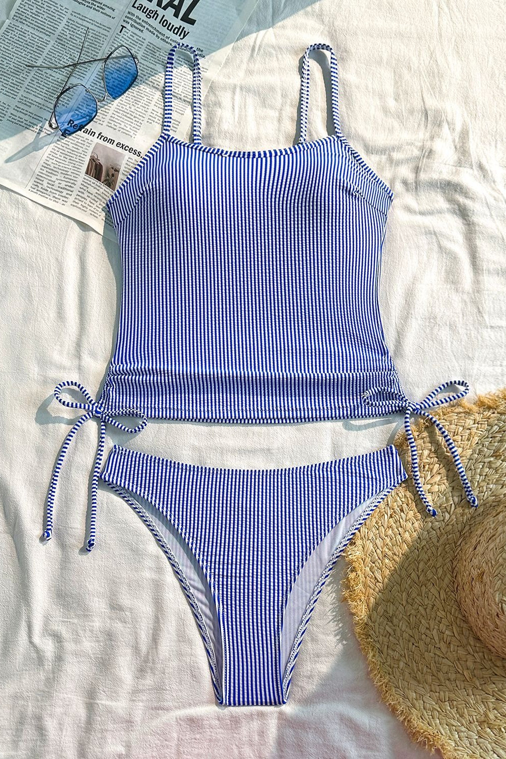 Plaid Ruched Backless Striped Two Piece Swim Set