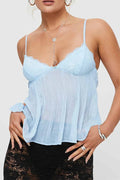 Pleated Bowknot Lace See-through Crop Top