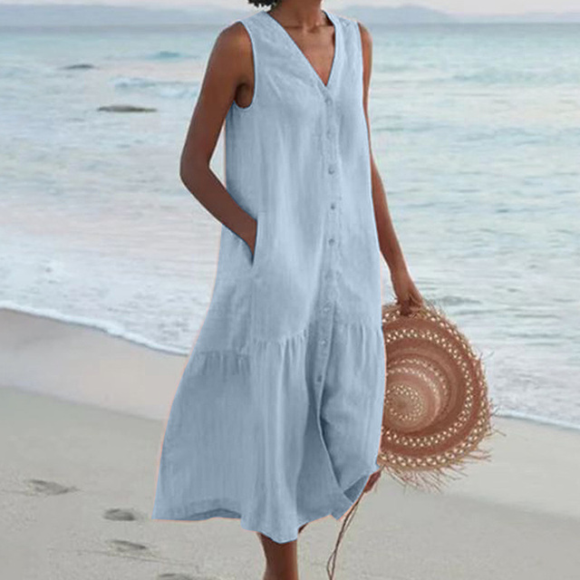 Button Front V Neck Sleeveless Ruffle Hem Casual Linen Midi Dress