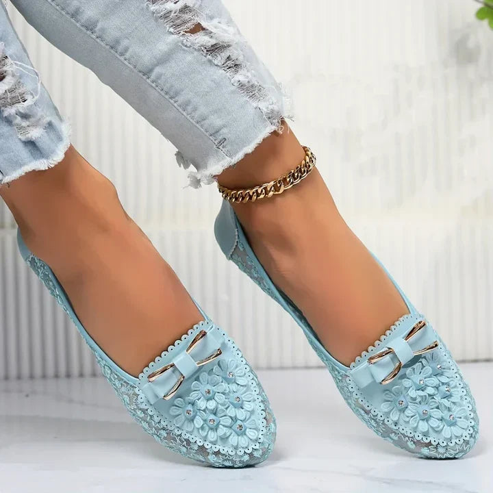Floral Lace Embroidered Bow Buckle Round Toe Ballet Flat