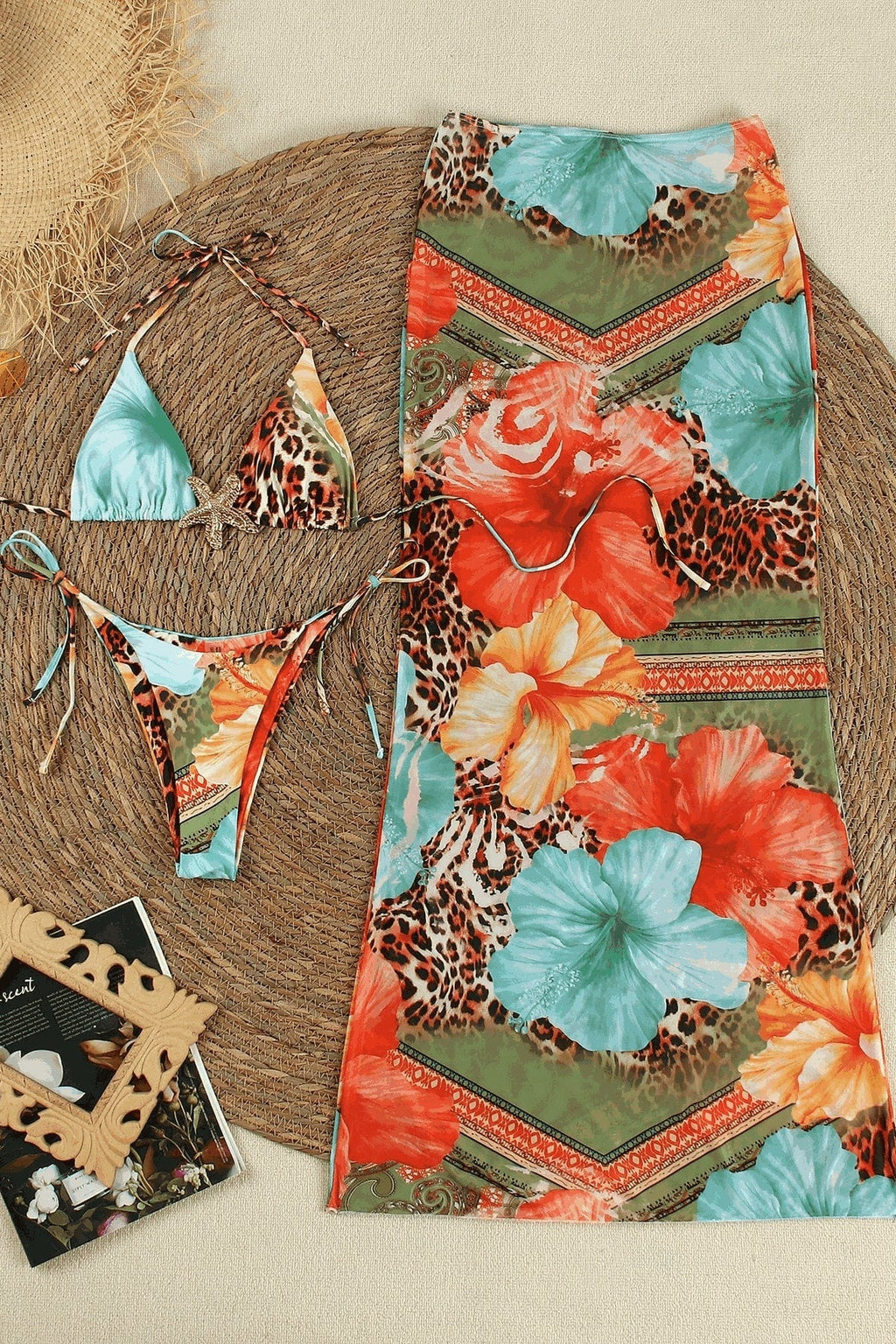 Printed Triangle Cup Quick Dry Three Piece Swim Set