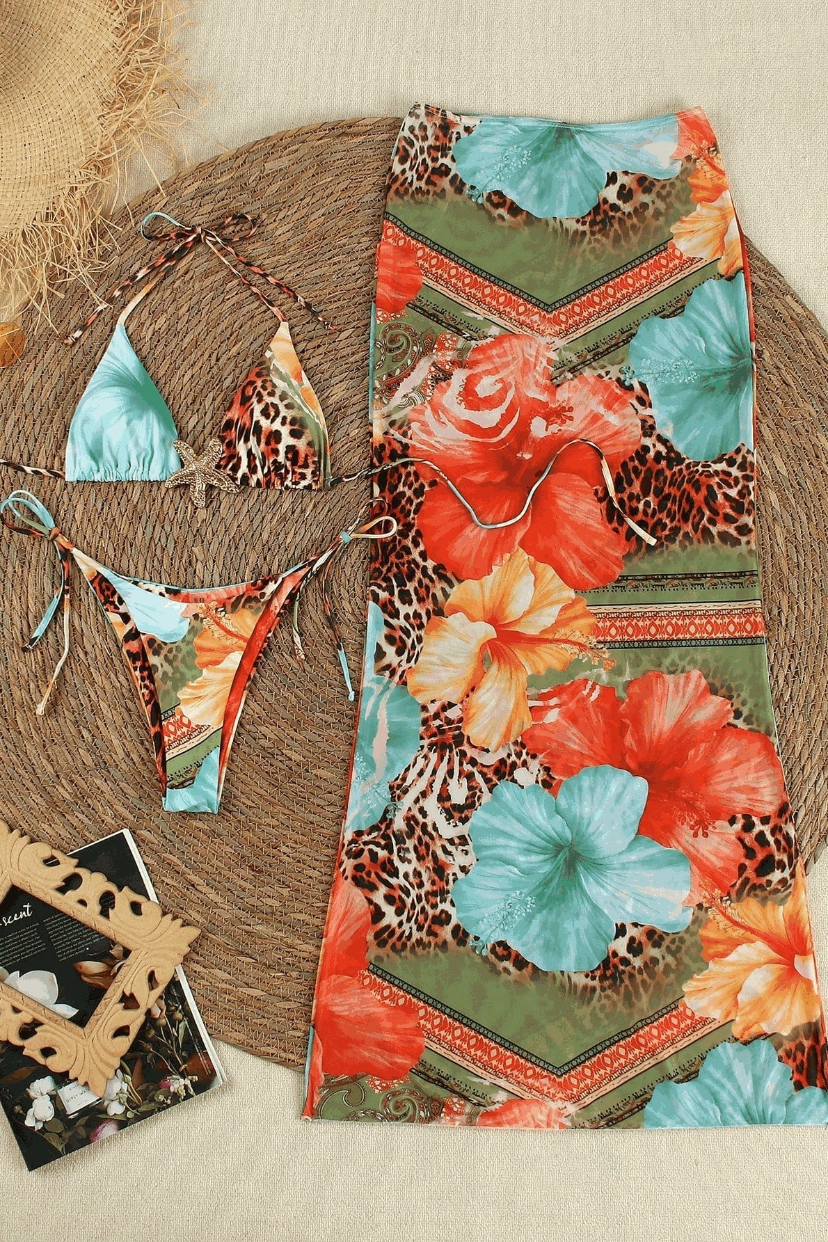 Printed Triangle Cup Quick Dry Three Piece Swim Set