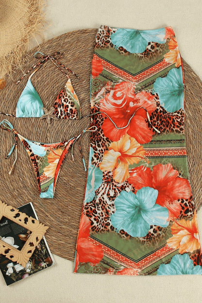 Printed Triangle Cup Quick Dry Three Piece Swim Set