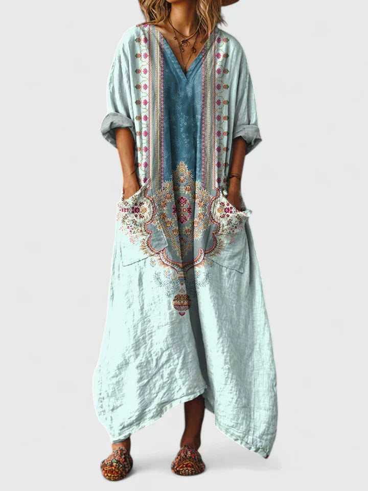 Paisley Print V Neck Patch Pocket Oversized Boho Maxi Dress