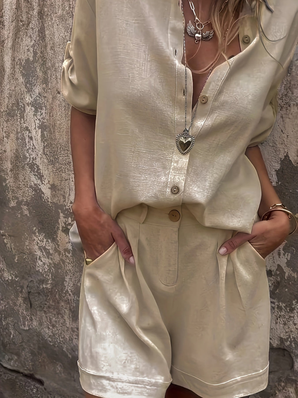Shimmer Linen Collared Button Down Top and Short Set
