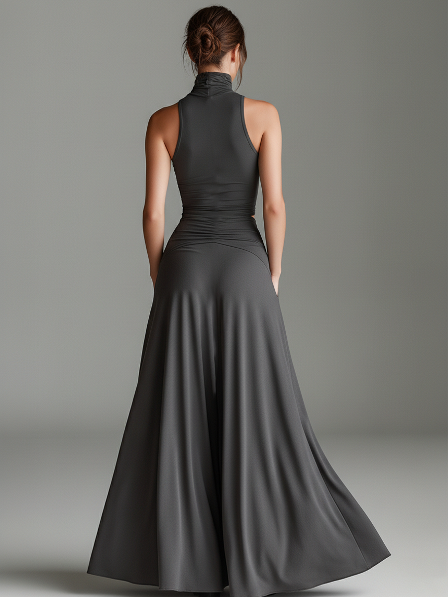 Cut Out Waist Turtleneck Halter Neck Flowy Maxi Dress - Formal Evening Gown