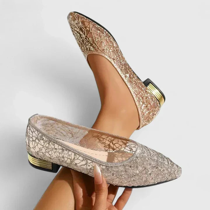 Sequin Lace Mesh Pointed Toe Gold Heel Ballet Flat