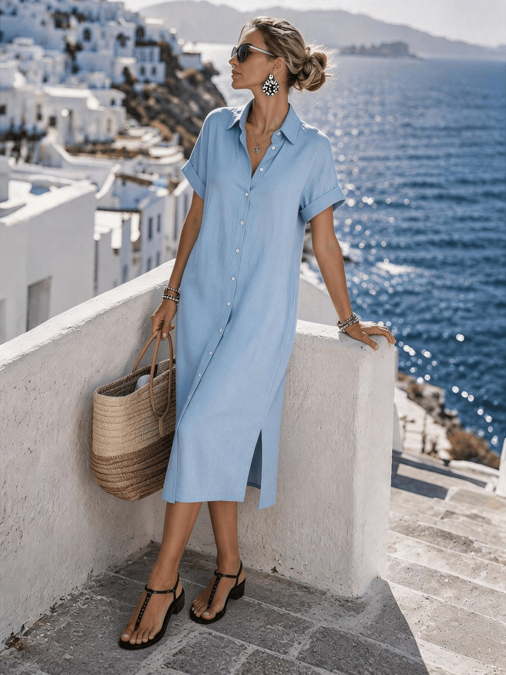 Button-Front Short Sleeve Shirt Dress for Vacation