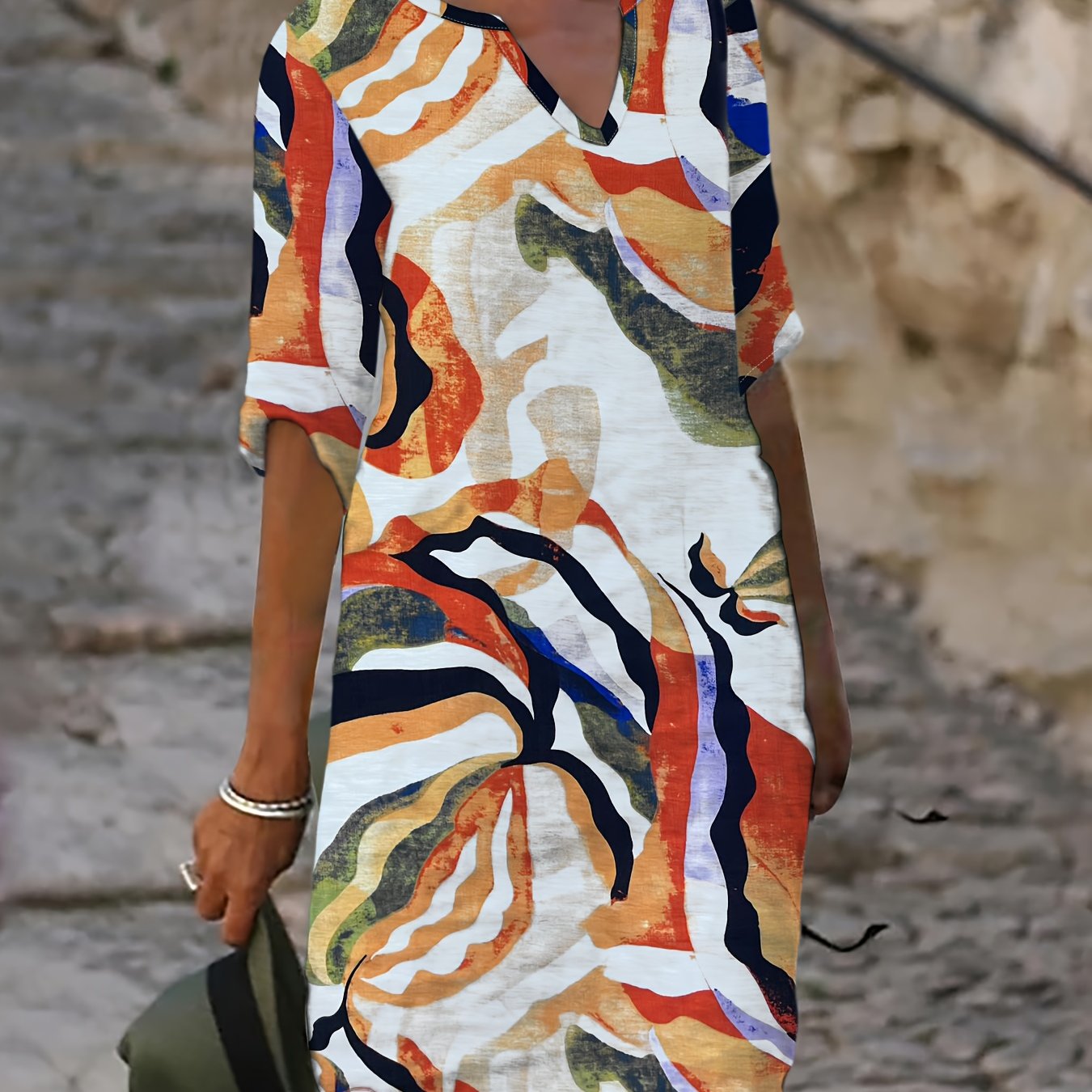 Women's Spring/Autumn Casual Straight-Leg V-Neck Printed Dress