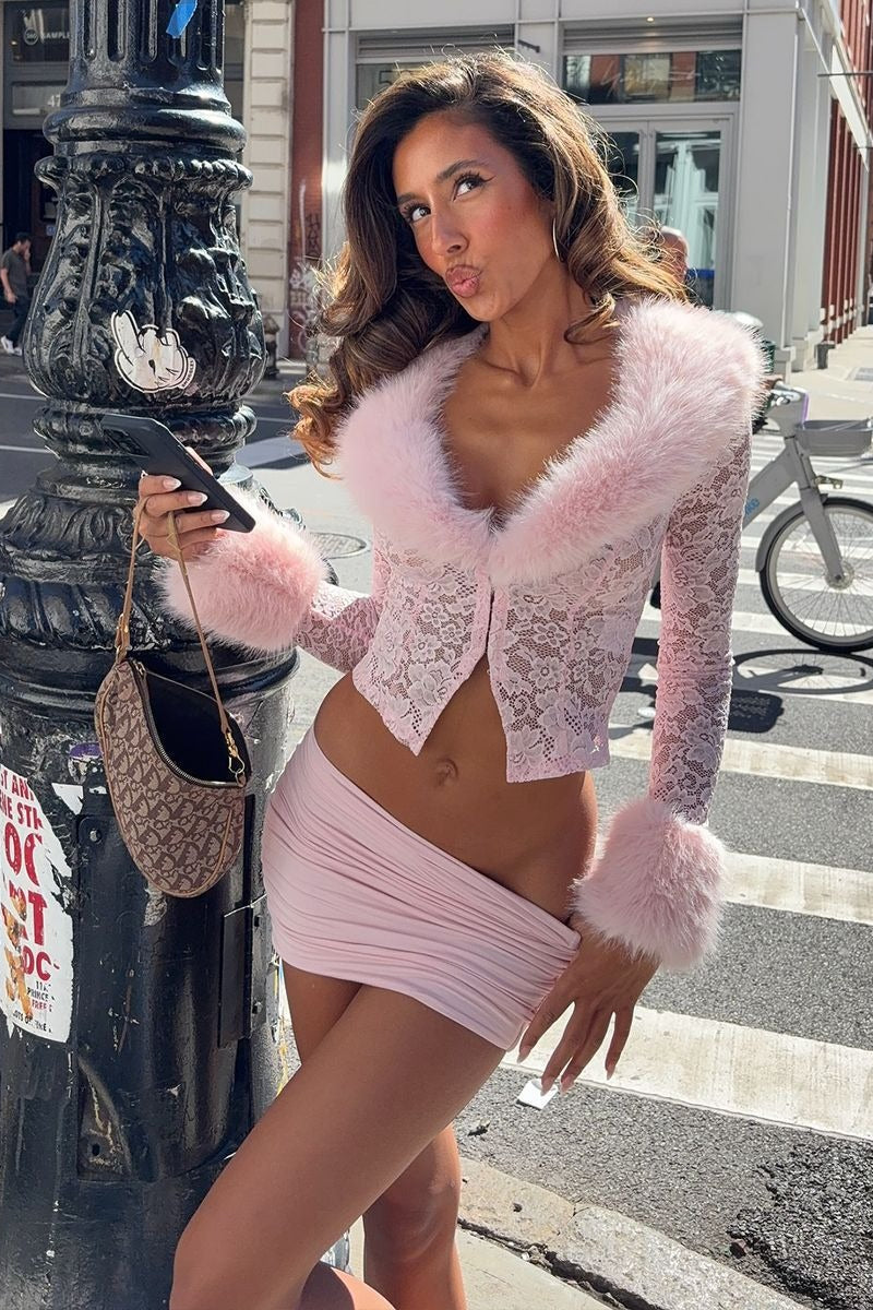 Pink lace fleece long-sleeve two-piece set from Hicosy — view 3