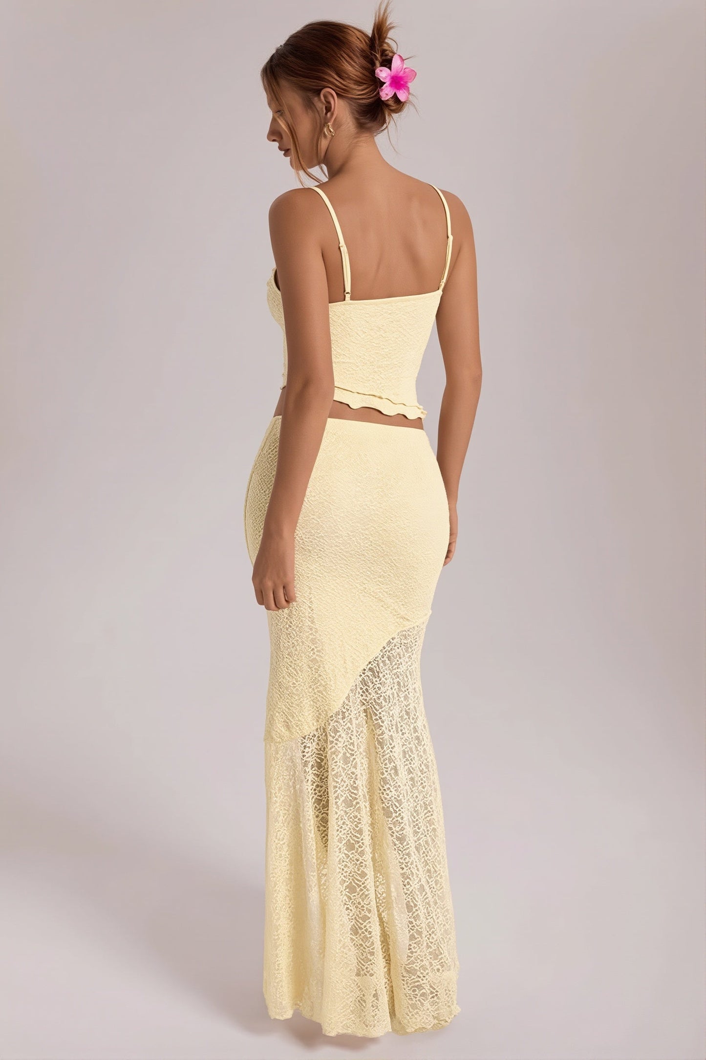 Light Yellow Lace Cami Ruffle Crop Top High Waist Skirt Sets