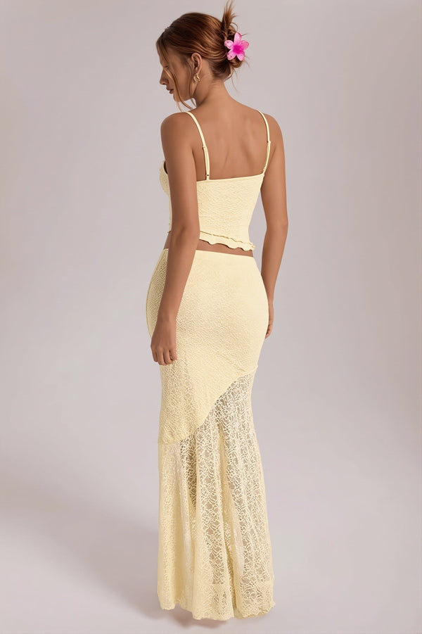 Light Yellow Lace Cami Ruffle Crop Top High Waist Skirt Sets