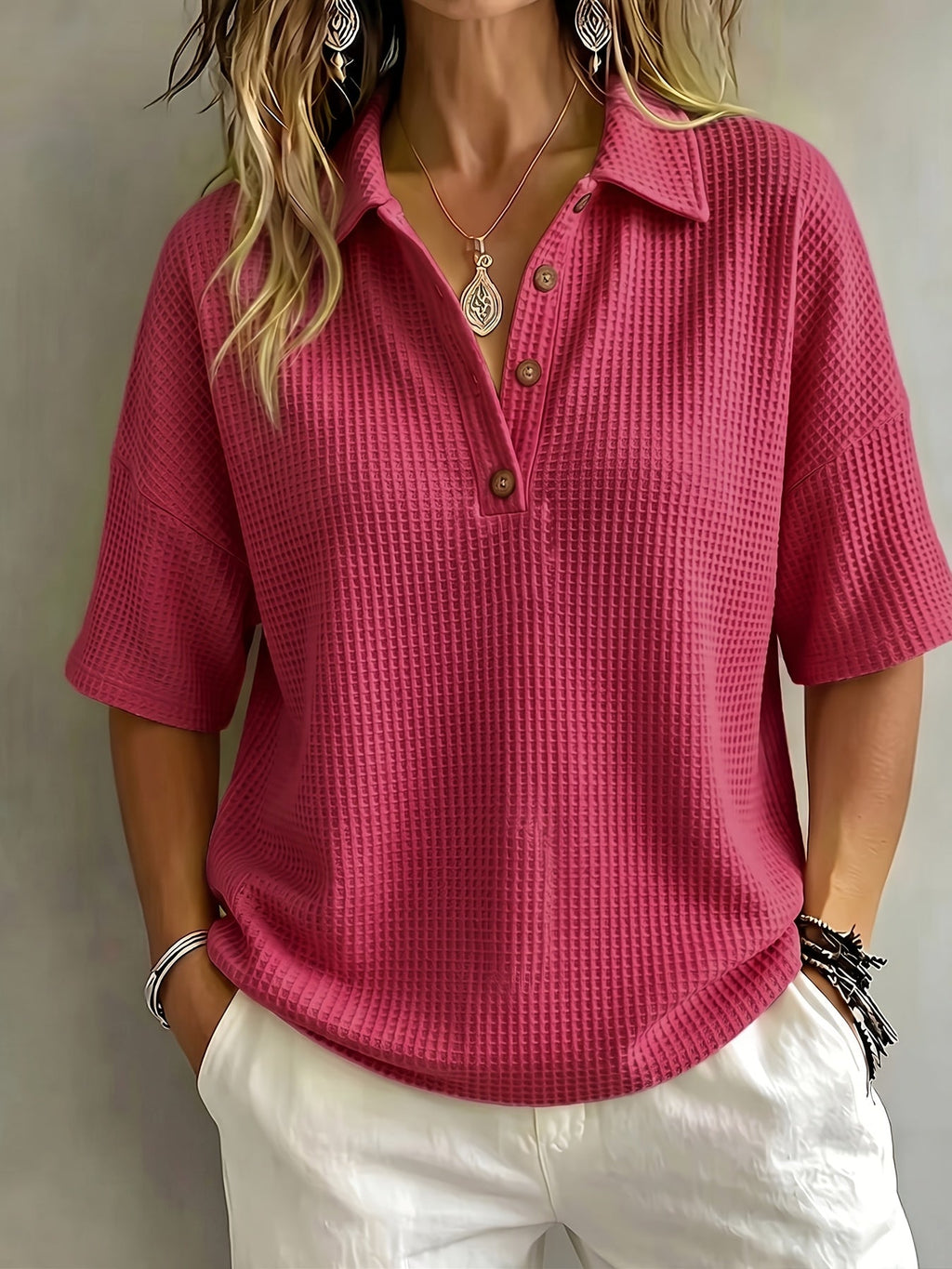 Oversized Waffle Knit Polo Top for Casual Style