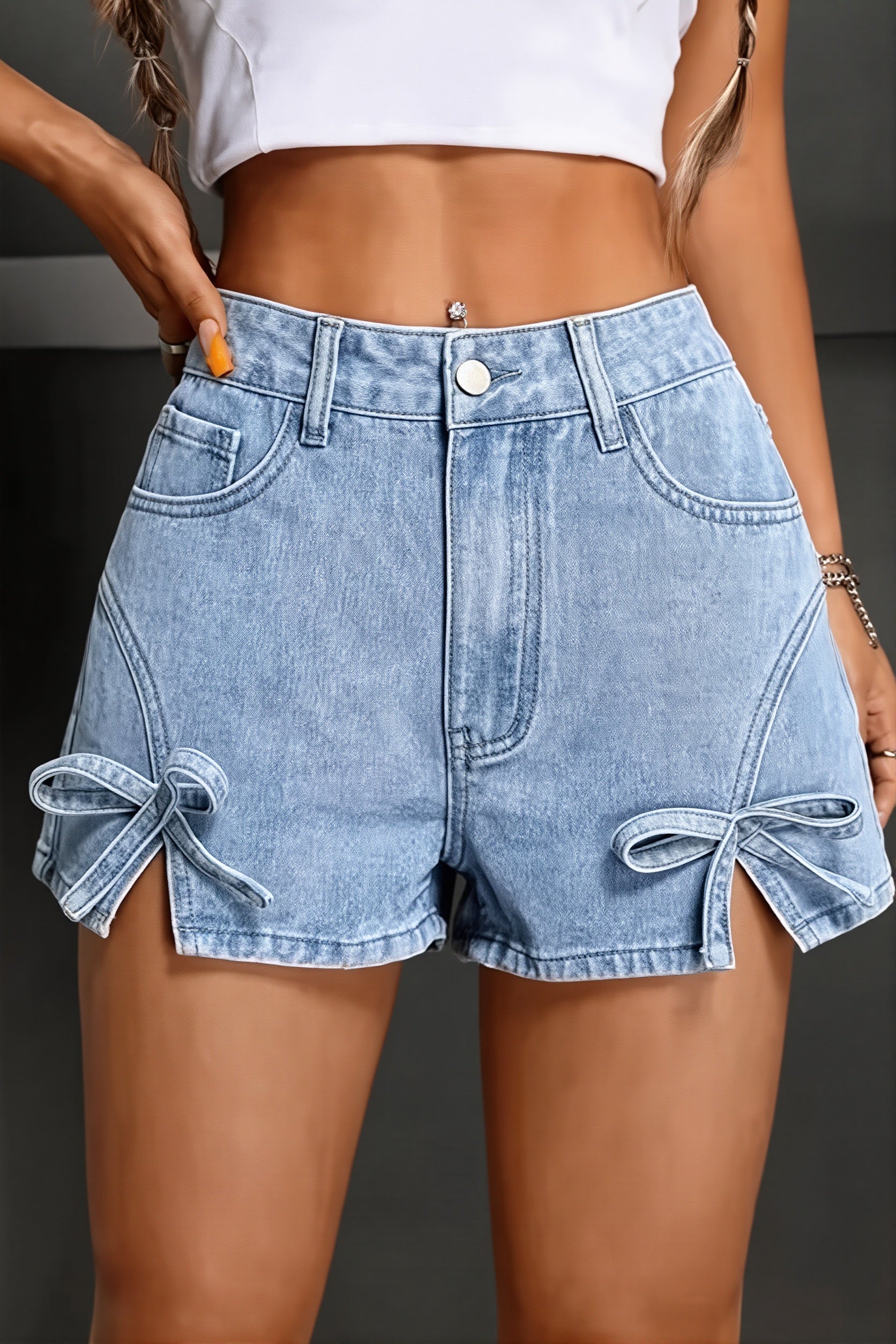 Vintage Bow High Waist Slit Denim Shorts