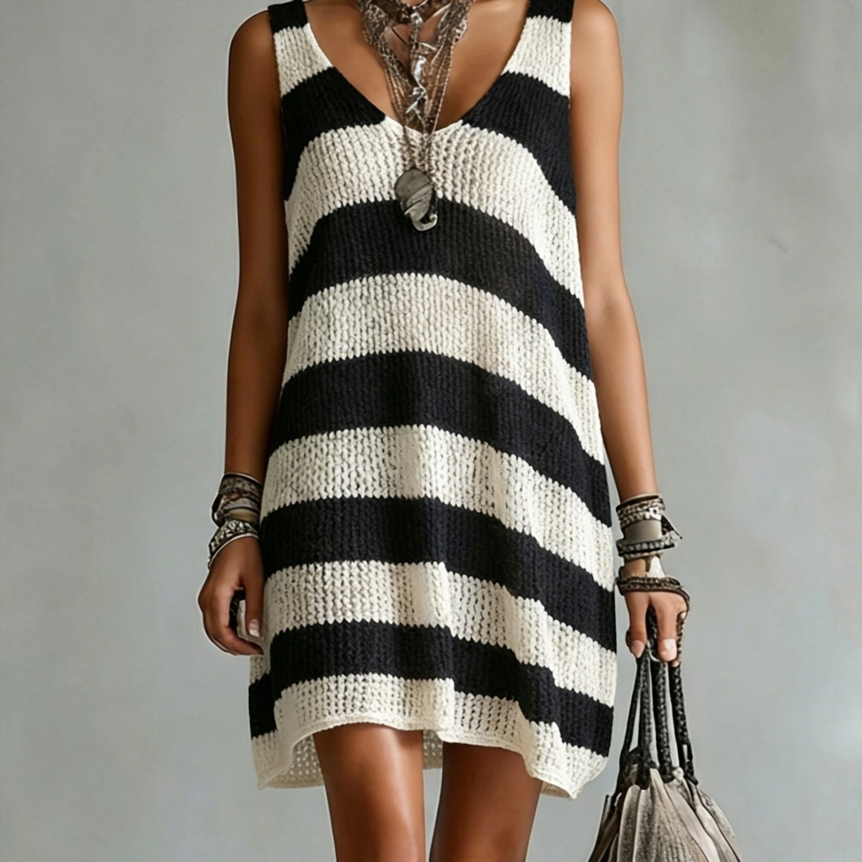 Striped V Neck Knit Casual Mini Dress for Vacation