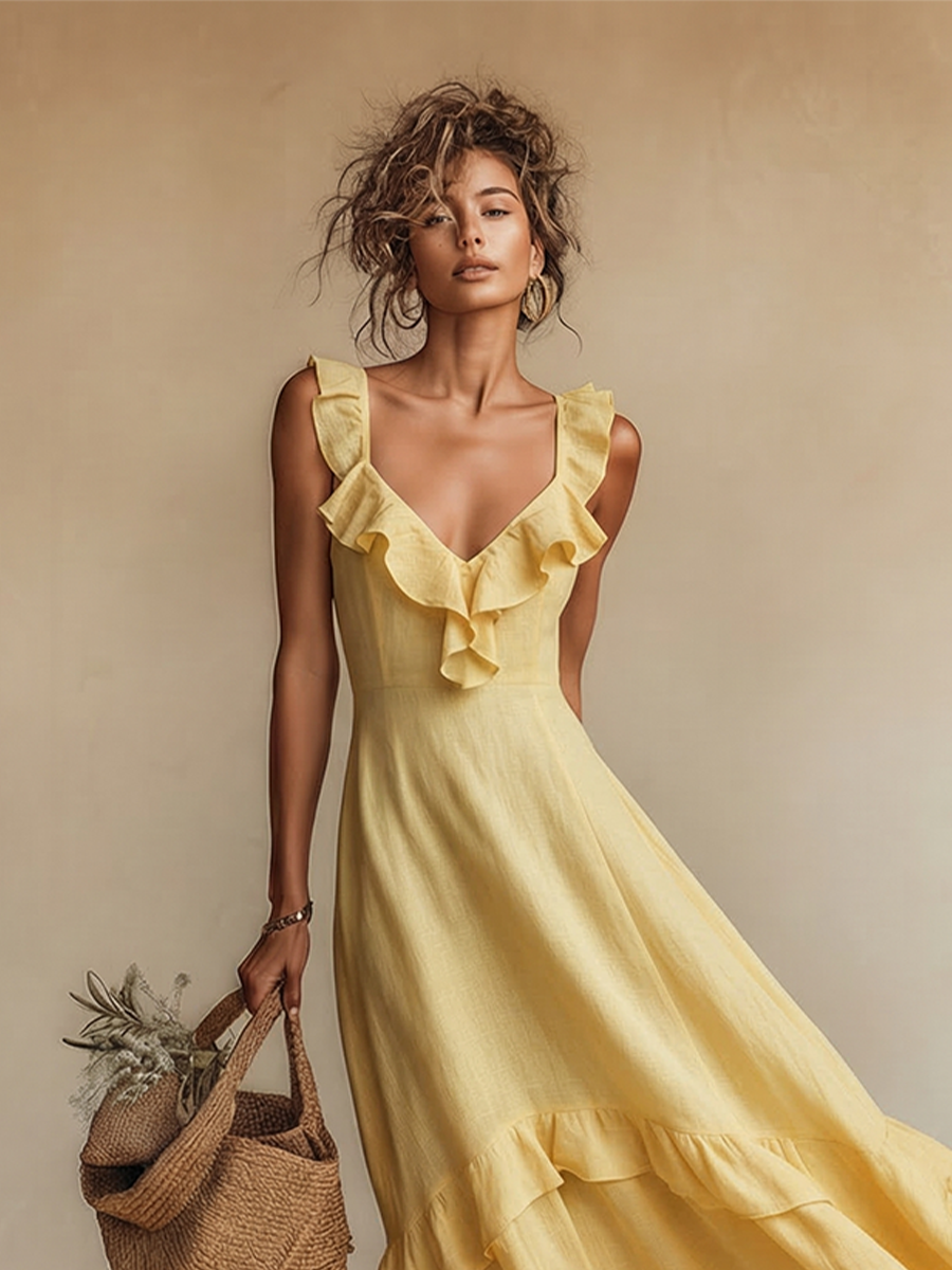 Ruffle V Neck Tiered Hem Sleeveless Linen Sundress