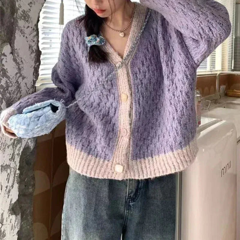 Violet Patchwork Baggy Soft V-Neck Knitted Cardigan