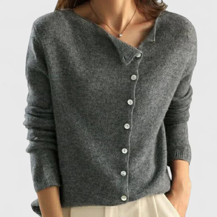 Calizhyah | Women's Asymmetrical Button-Up Knit Cardigan, Fitted V-Neck – Smart Casual