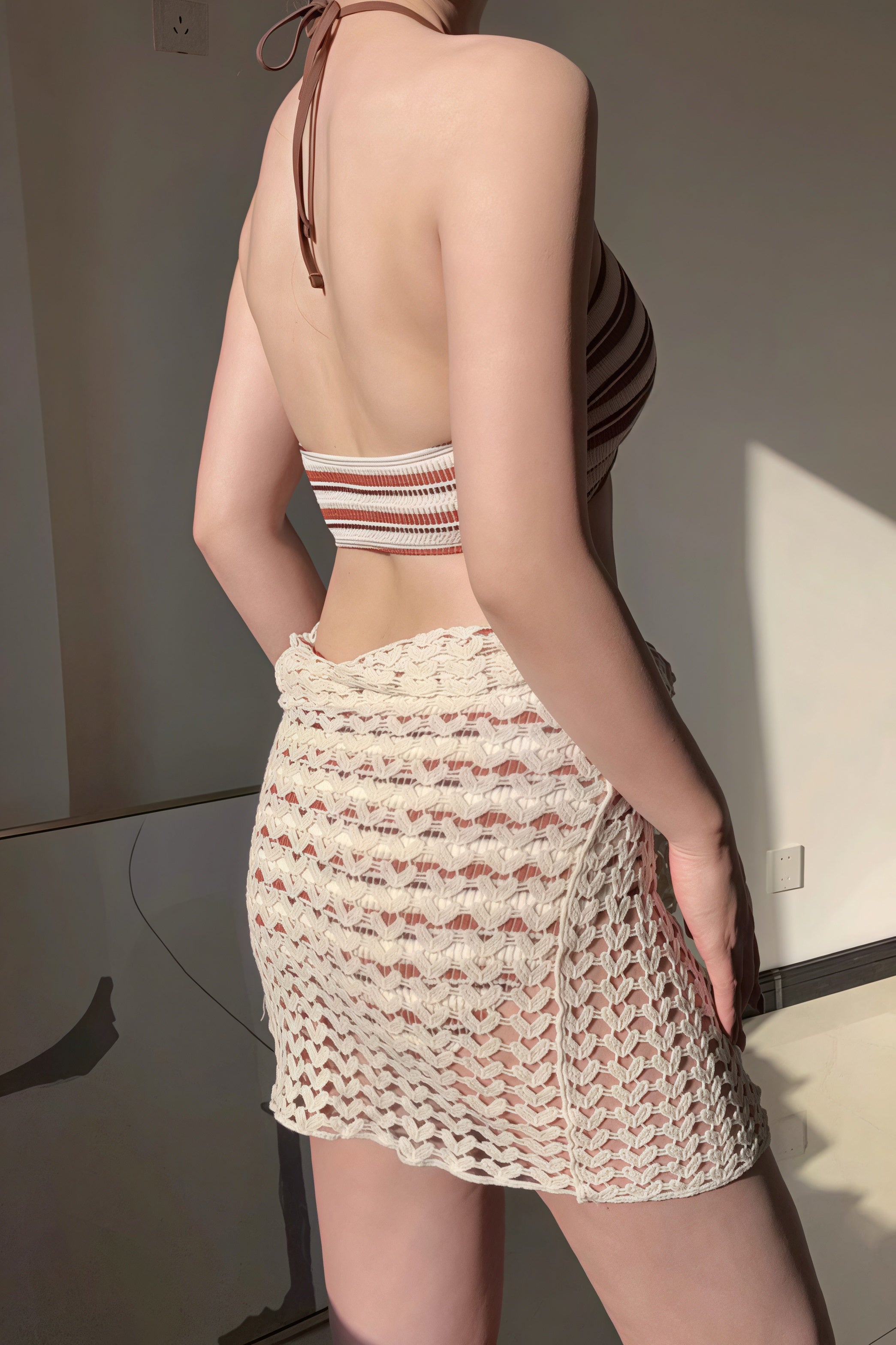 Casual Striped Hollow Knit Three Piece Swim Set
