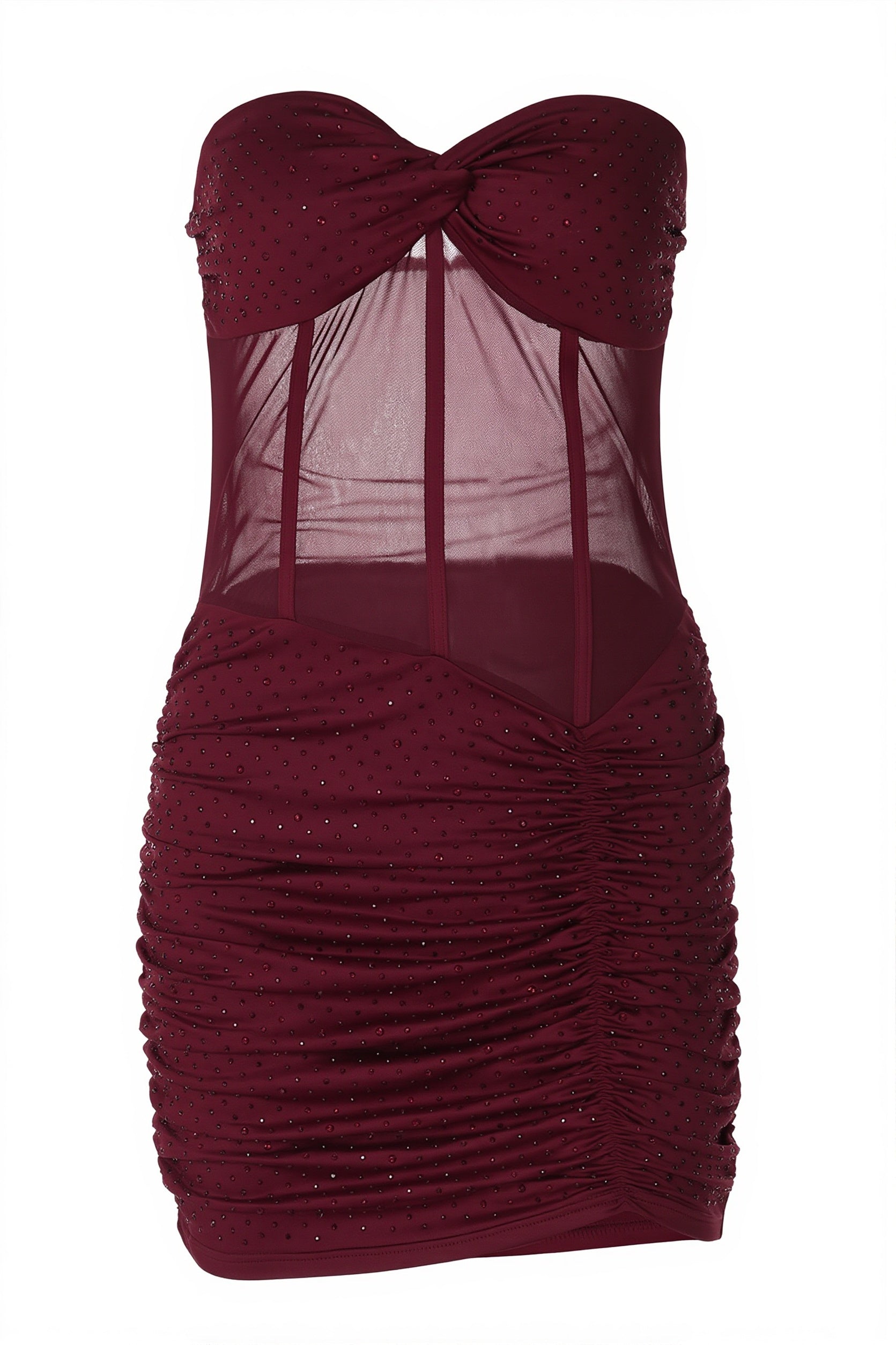 Chic Rhinestone Lace Up Mesh Cut Out Bodycon Mini Dress