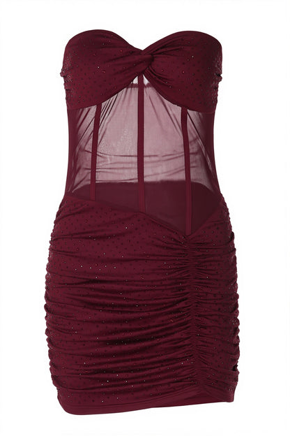 Chic Rhinestone Lace Up Mesh Cut Out Bodycon Mini Dress